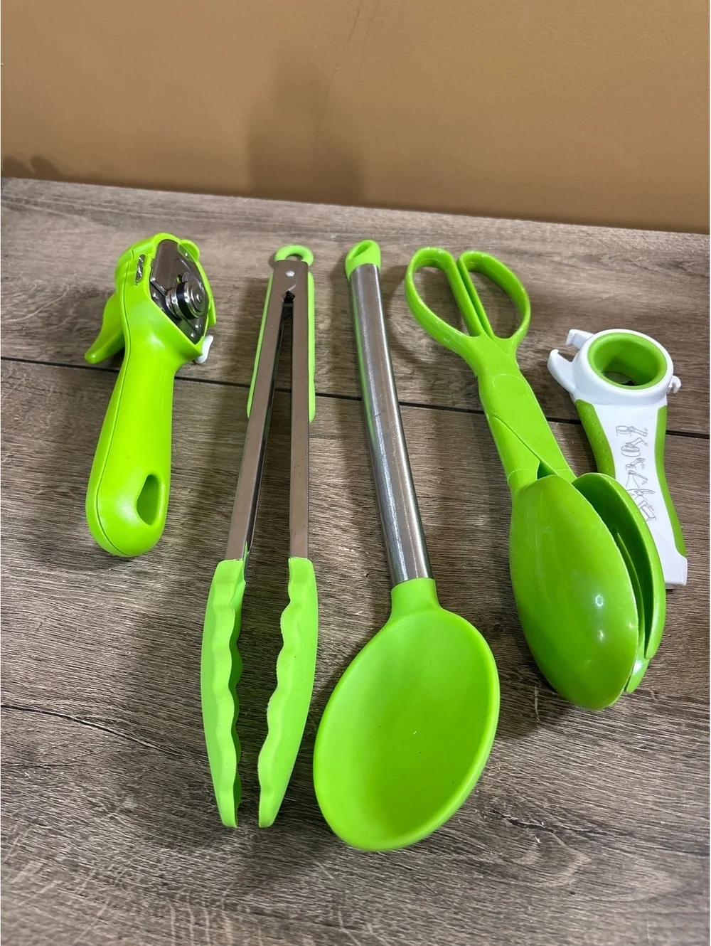 Green Kitchen Utensil Set with Tongs, Scissors, Spoon, Can Opener, and More